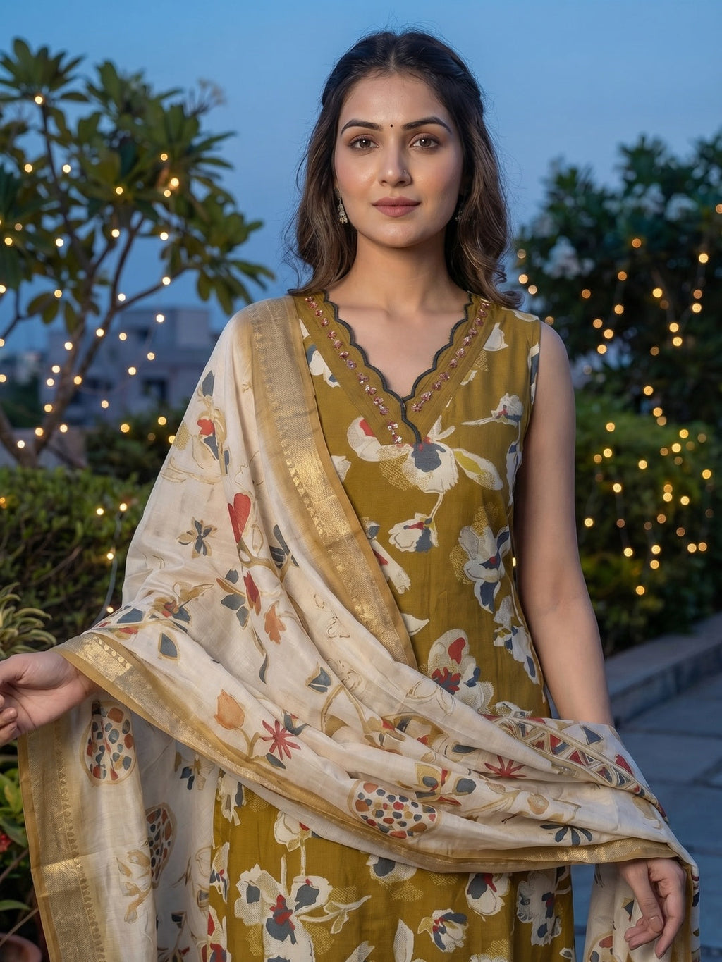 Olive Floral Printed Viscose Blend A-Line Salwar Suit with Dupatta