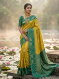 Classic Mustard Zari Woven Kanjivaram Silk Saree With Detailed Animal Motif Border & Tassel Pallu