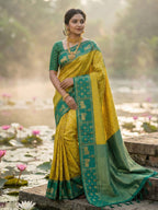 Classic Mustard Zari Woven Kanjivaram Silk Saree With Detailed Animal Motif Border & Tassel Pallu
