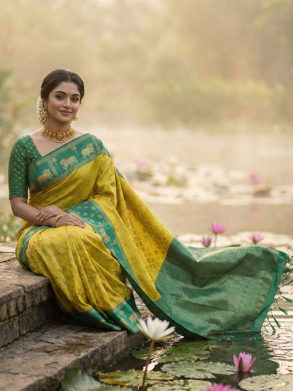 Classic Mustard Zari Woven Kanjivaram Silk Saree With Detailed Animal Motif Border & Tassel Pallu