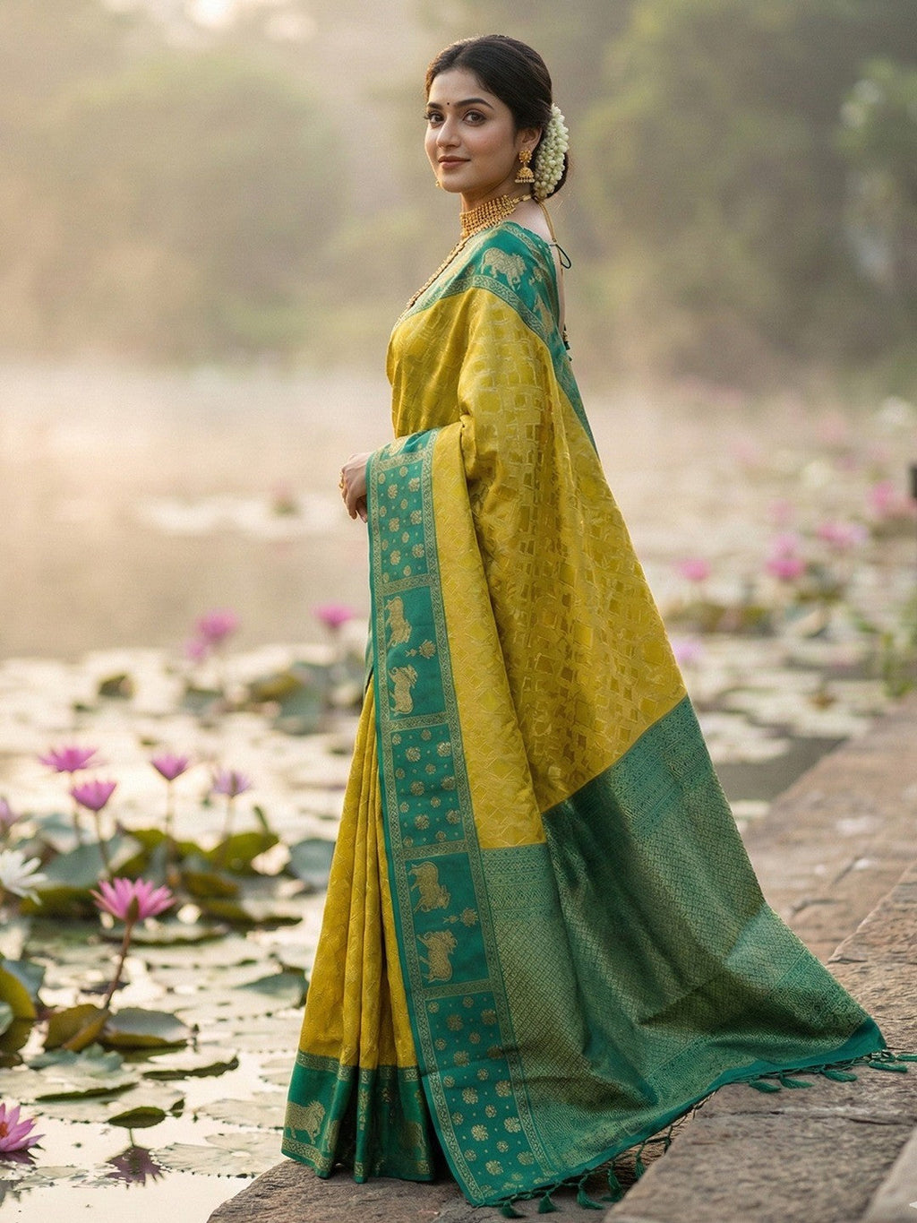 Classic Mustard Zari Woven Kanjivaram Silk Saree With Detailed Animal Motif Border & Tassel Pallu