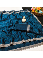 Elegant Morpich Blue Organza Satin Silk Saree With Swarovski Work & Floral Embroidered Border