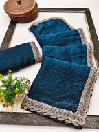 Elegant Morpich Blue Organza Satin Silk Saree With Swarovski Work & Floral Embroidered Border