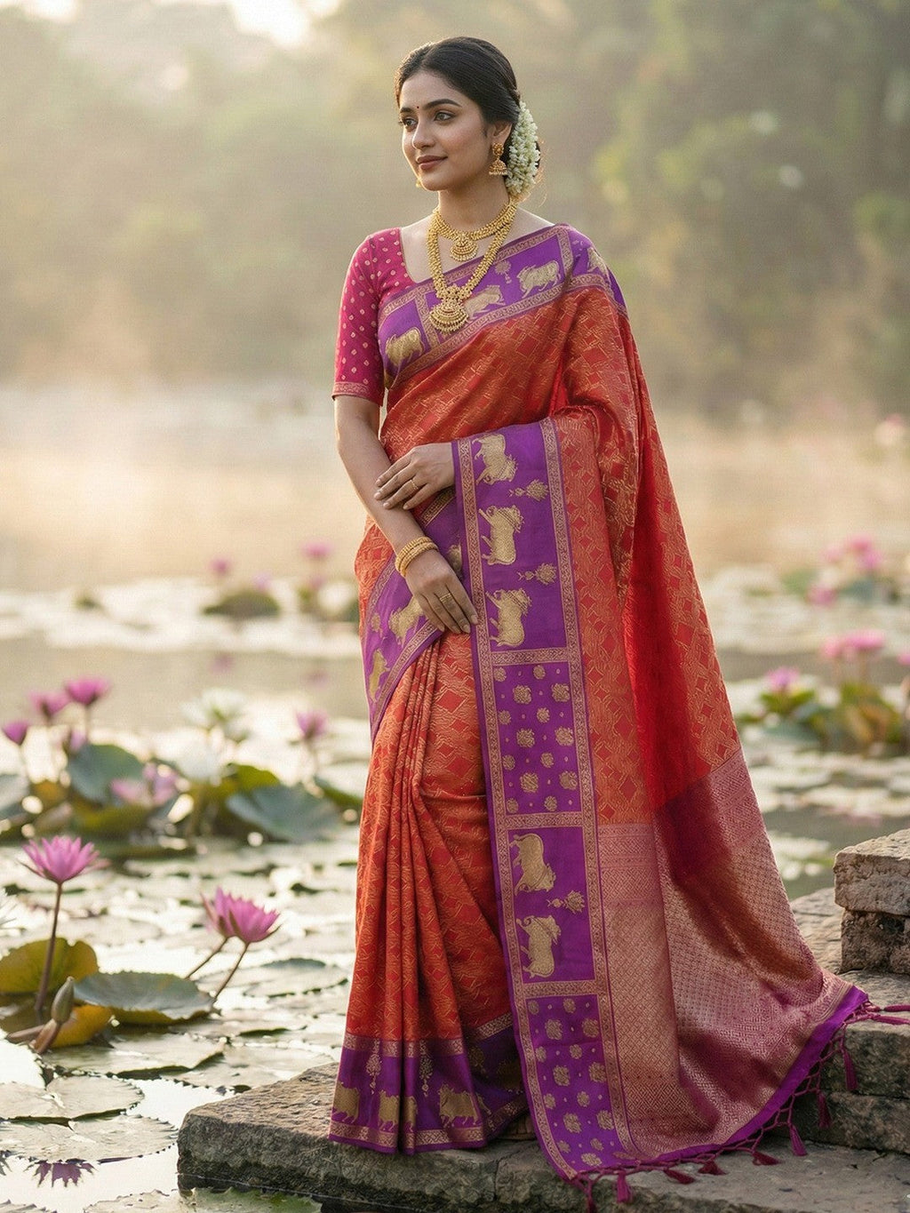 Classic Red Zari Woven Kanjivaram Silk Saree With Detailed Animal Motif Border & Tassel Pallu