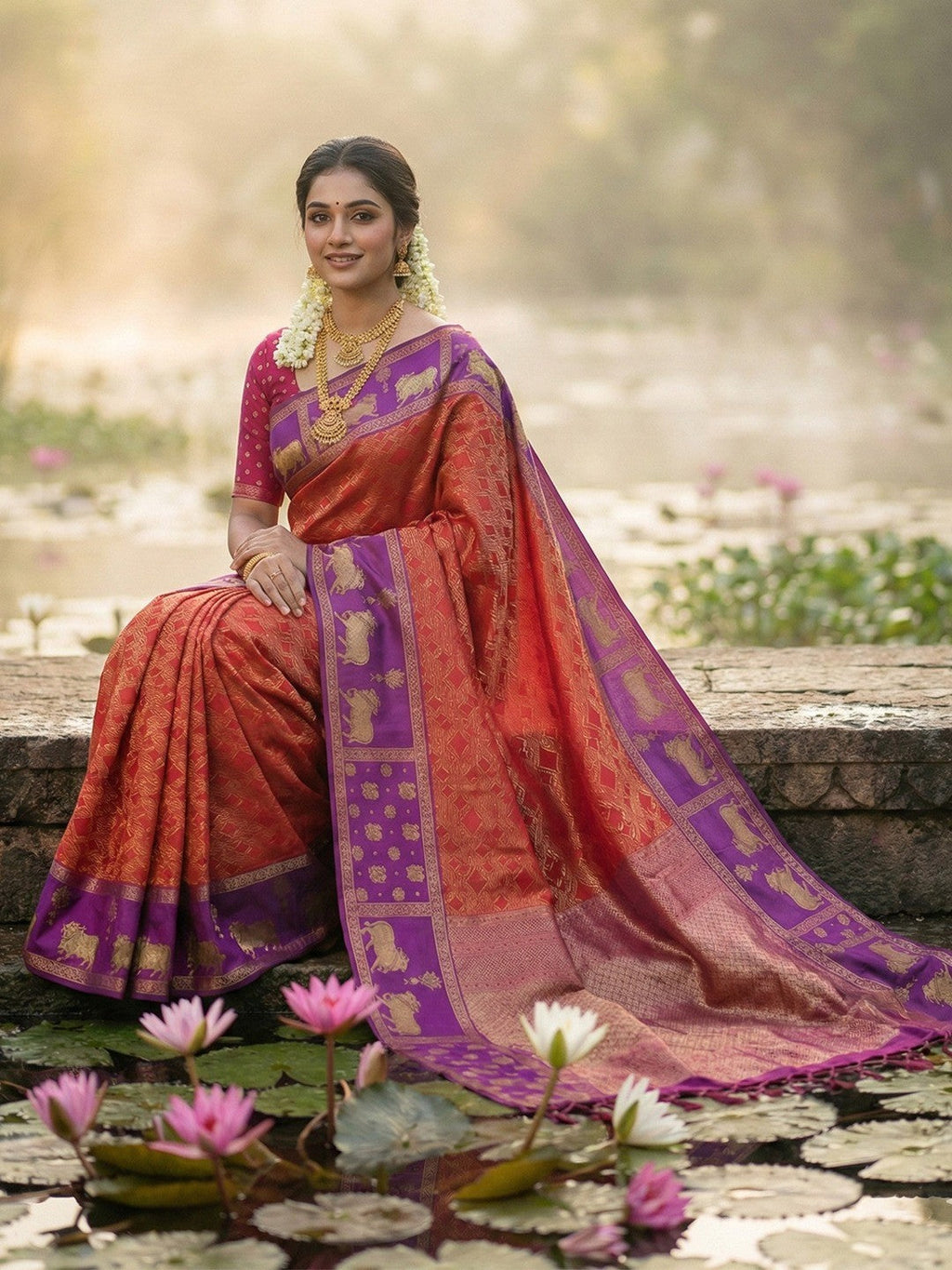 Classic Red Zari Woven Kanjivaram Silk Saree With Detailed Animal Motif Border & Tassel Pallu