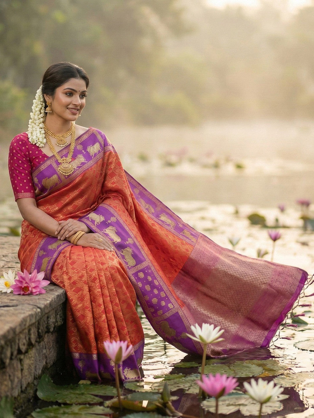 Classic Red Zari Woven Kanjivaram Silk Saree With Detailed Animal Motif Border & Tassel Pallu