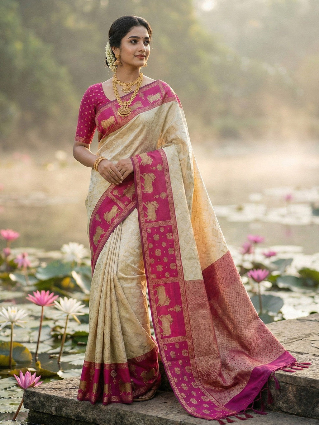 Classic Cream Zari Woven Kanjivaram Silk Saree With Detailed Animal Motif Border & Tassel Pallu