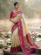 Classic Cream Zari Woven Kanjivaram Silk Saree With Detailed Animal Motif Border & Tassel Pallu