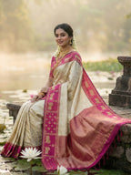 Classic Cream Zari Woven Kanjivaram Silk Saree With Detailed Animal Motif Border & Tassel Pallu
