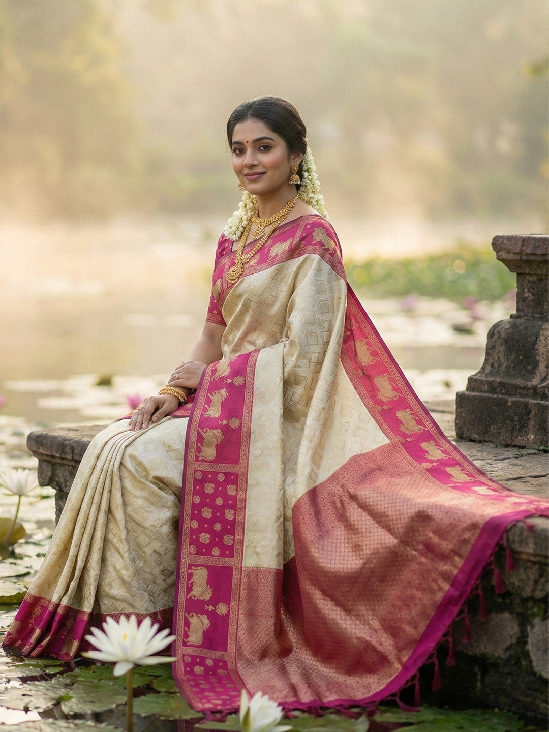 Classic Cream Zari Woven Kanjivaram Silk Saree With Detailed Animal Motif Border & Tassel Pallu