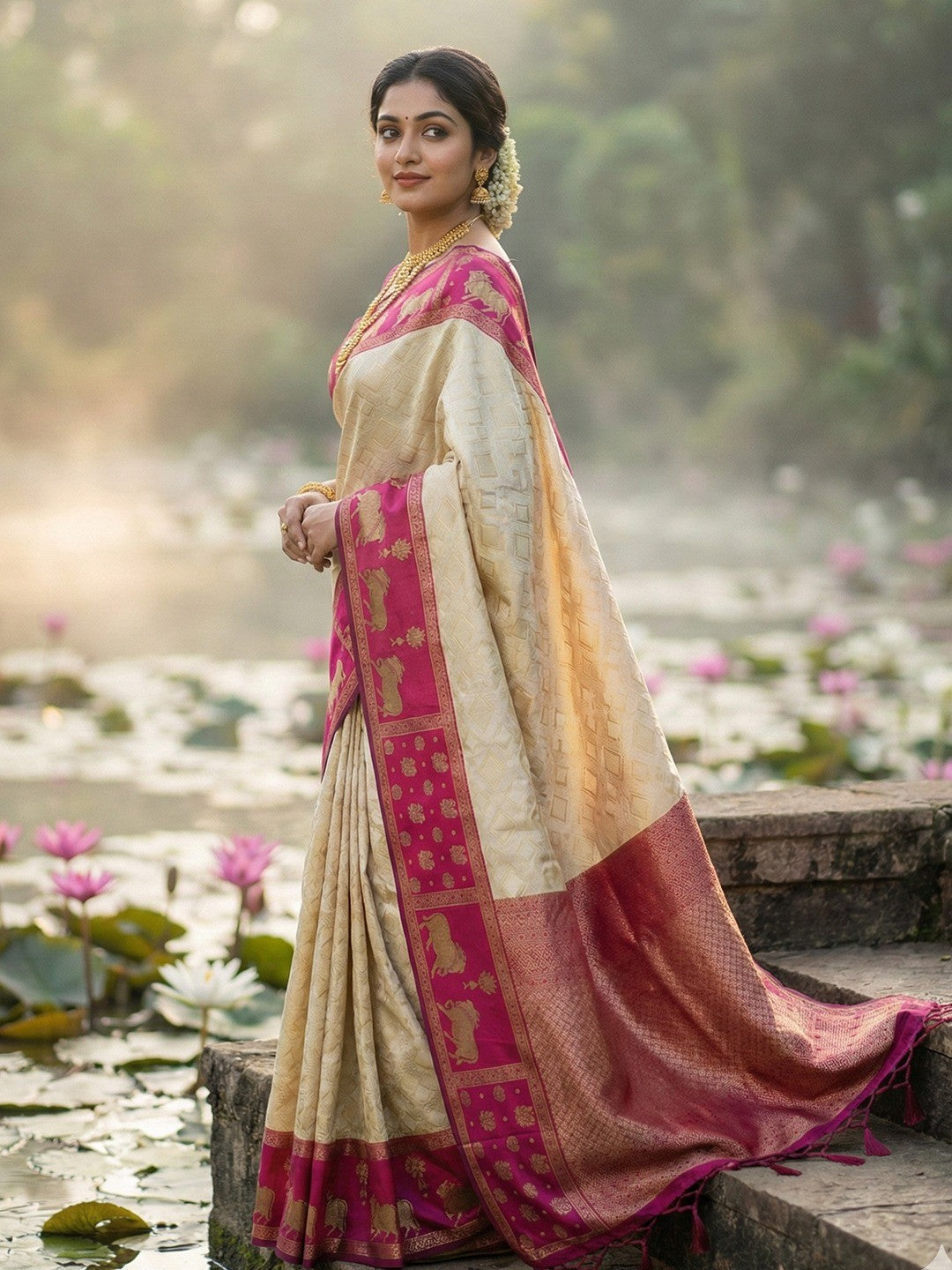 Classic Cream Zari Woven Kanjivaram Silk Saree With Detailed Animal Motif Border & Tassel Pallu
