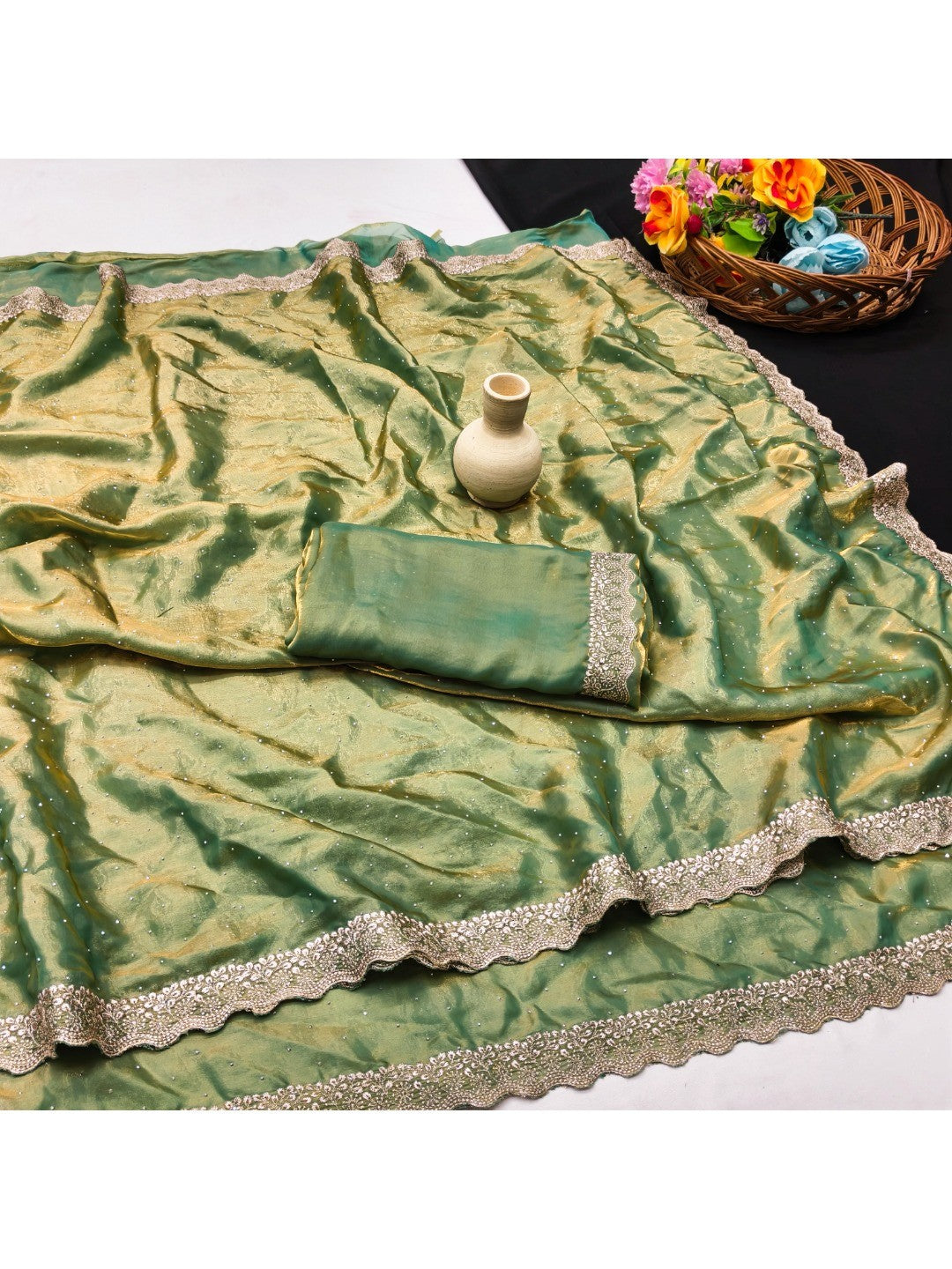 Elegant Green Organza Satin Silk Saree With Swarovski Work & Floral Embroidered Border