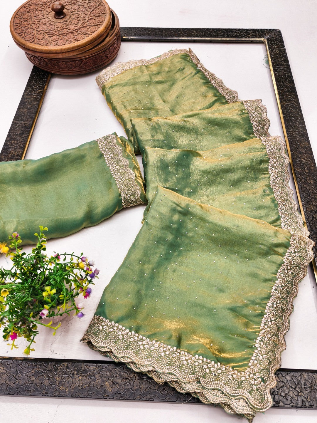 Elegant Green Organza Satin Silk Saree With Swarovski Work & Floral Embroidered Border