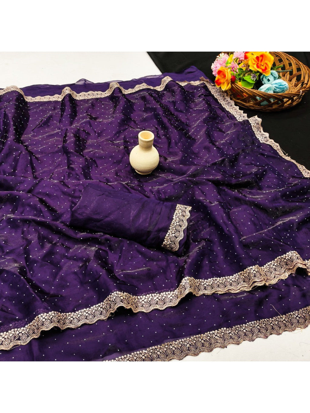 Elegant Purple Organza Satin Silk Saree With Swarovski  Work & Floral Embroidered Border