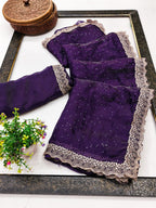 Elegant Purple Organza Satin Silk Saree With Swarovski  Work & Floral Embroidered Border