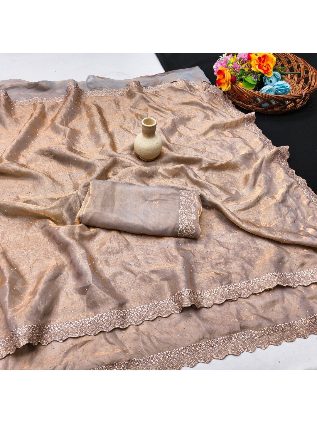 Elegant Chikoo Organza Satin Silk Saree With Swarovski Work & Floral Embroidered Border