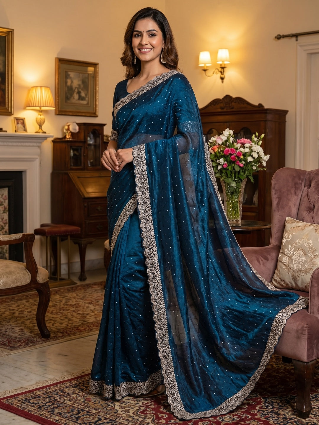 Elegant Morpich Blue Organza Satin Silk Saree With Swarovski Work & Floral Embroidered Border