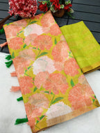 Elegant Yellow Linen Saree with Floral Print and Tassel Details