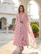 Pink Floral Printed Mulmul Cotton Anarkali Salwar Suit Set