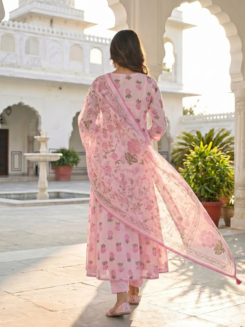 Pink Floral Printed Mulmul Cotton Anarkali Salwar Suit Set