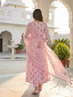 Pink Floral Printed Mulmul Cotton Anarkali Salwar Suit Set