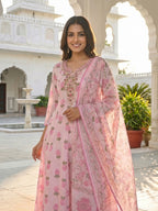 Pink Floral Printed Mulmul Cotton Anarkali Salwar Suit Set