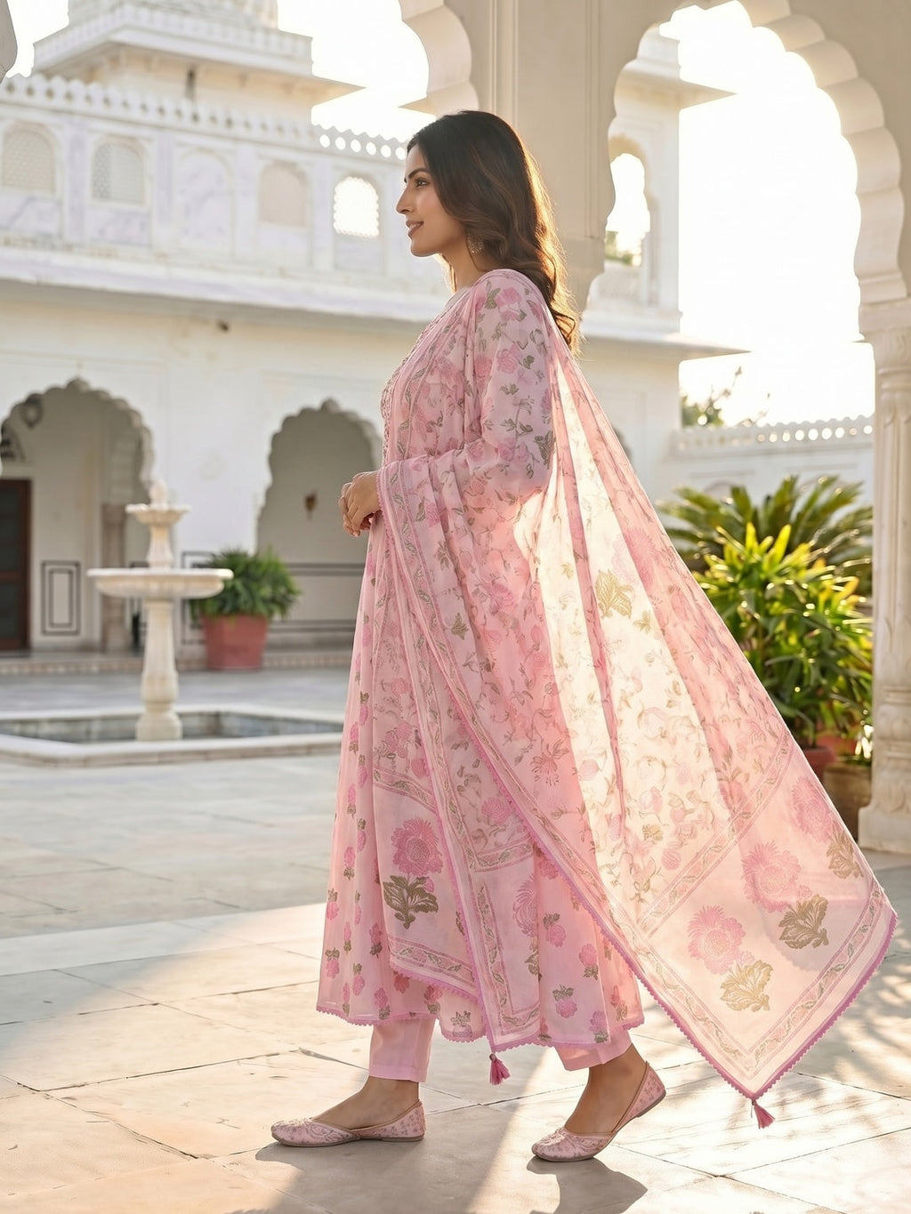Pink Floral Printed Mulmul Cotton Anarkali Salwar Suit Set