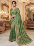 Elegant Green Organza Satin Silk Saree With Swarovski Work & Floral Embroidered Border