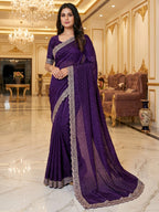 Elegant Purple Organza Satin Silk Saree With Swarovski  Work & Floral Embroidered Border