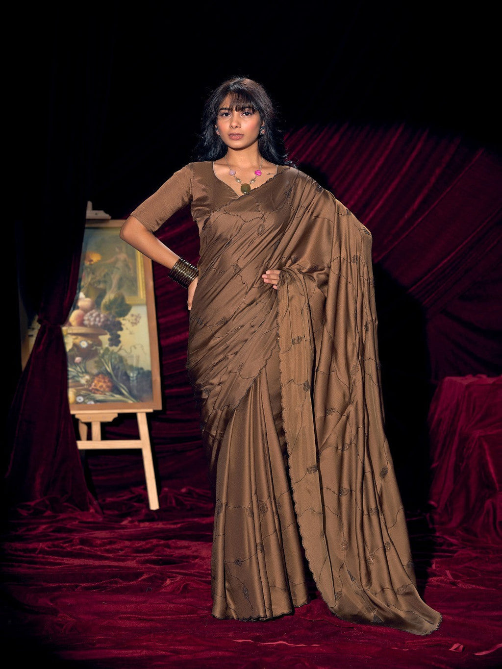 Designer Brown Satin Saree with Subtle Detailing Modern Party Outfit