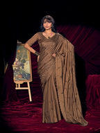 Designer Brown Satin Saree with Subtle Detailing Modern Party Outfit