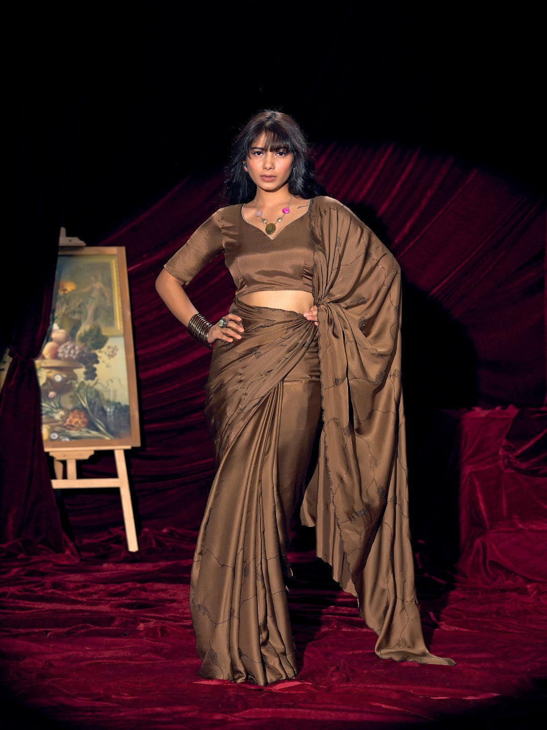 Designer Brown Satin Saree with Subtle Detailing Modern Party Outfit
