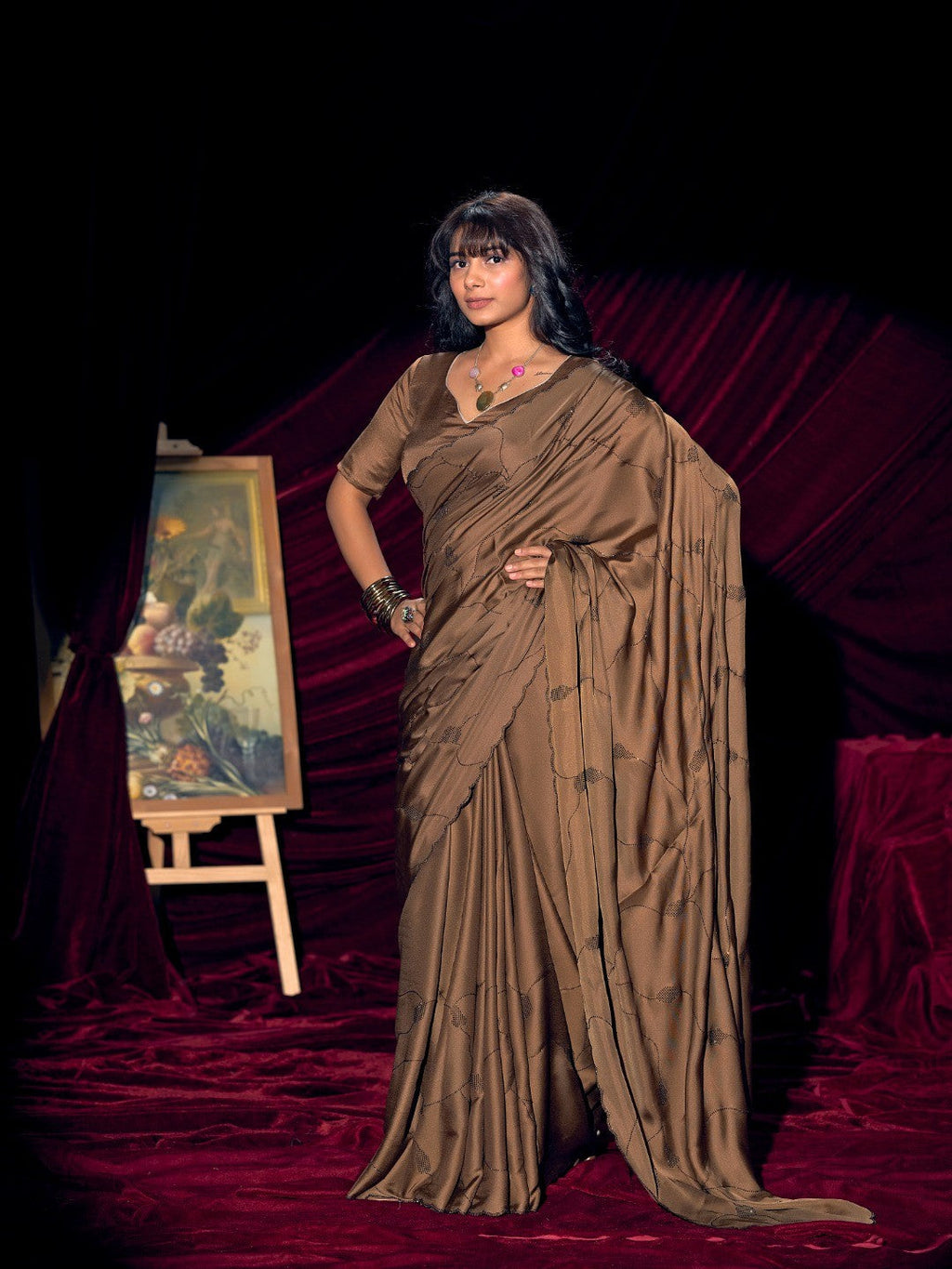 Designer Brown Satin Saree with Subtle Detailing Modern Party Outfit