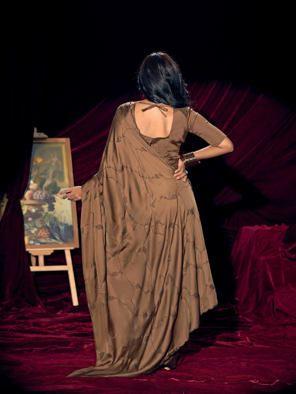 Designer Brown Satin Saree with Subtle Detailing Modern Party Outfit