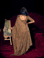 Designer Brown Satin Saree with Subtle Detailing Modern Party Outfit