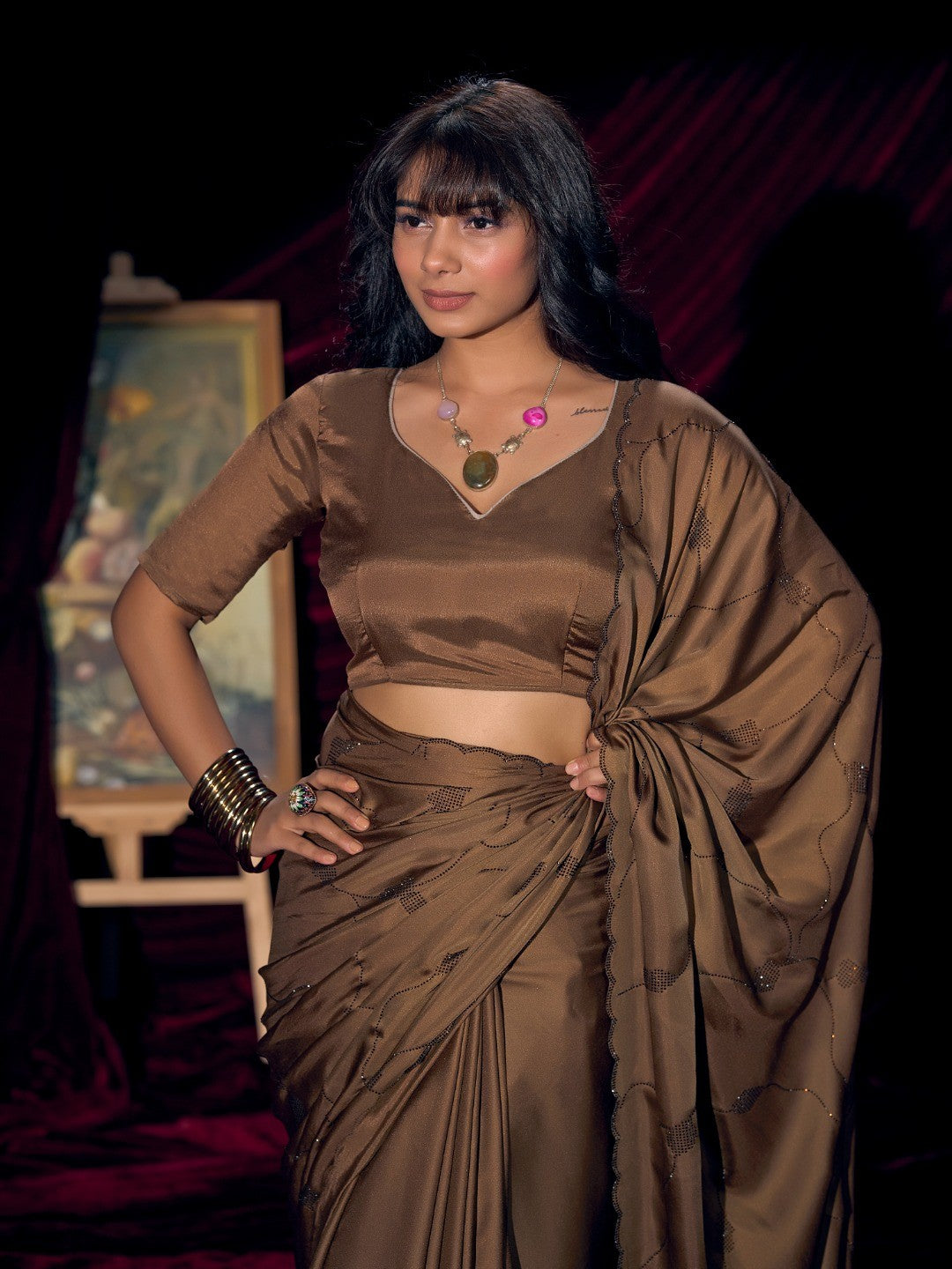 Designer Brown Satin Saree with Subtle Detailing Modern Party Outfit