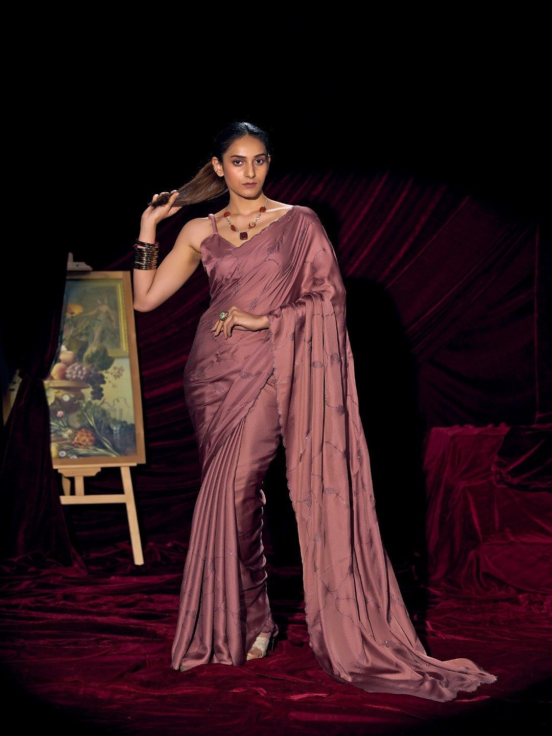 Designer Mauve Satin Saree with Subtle Detailing Modern Party Outfit