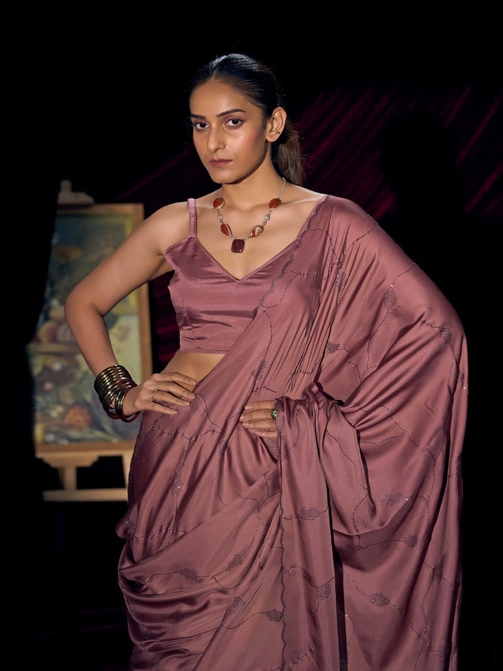 Designer Mauve Satin Saree with Subtle Detailing Modern Party Outfit