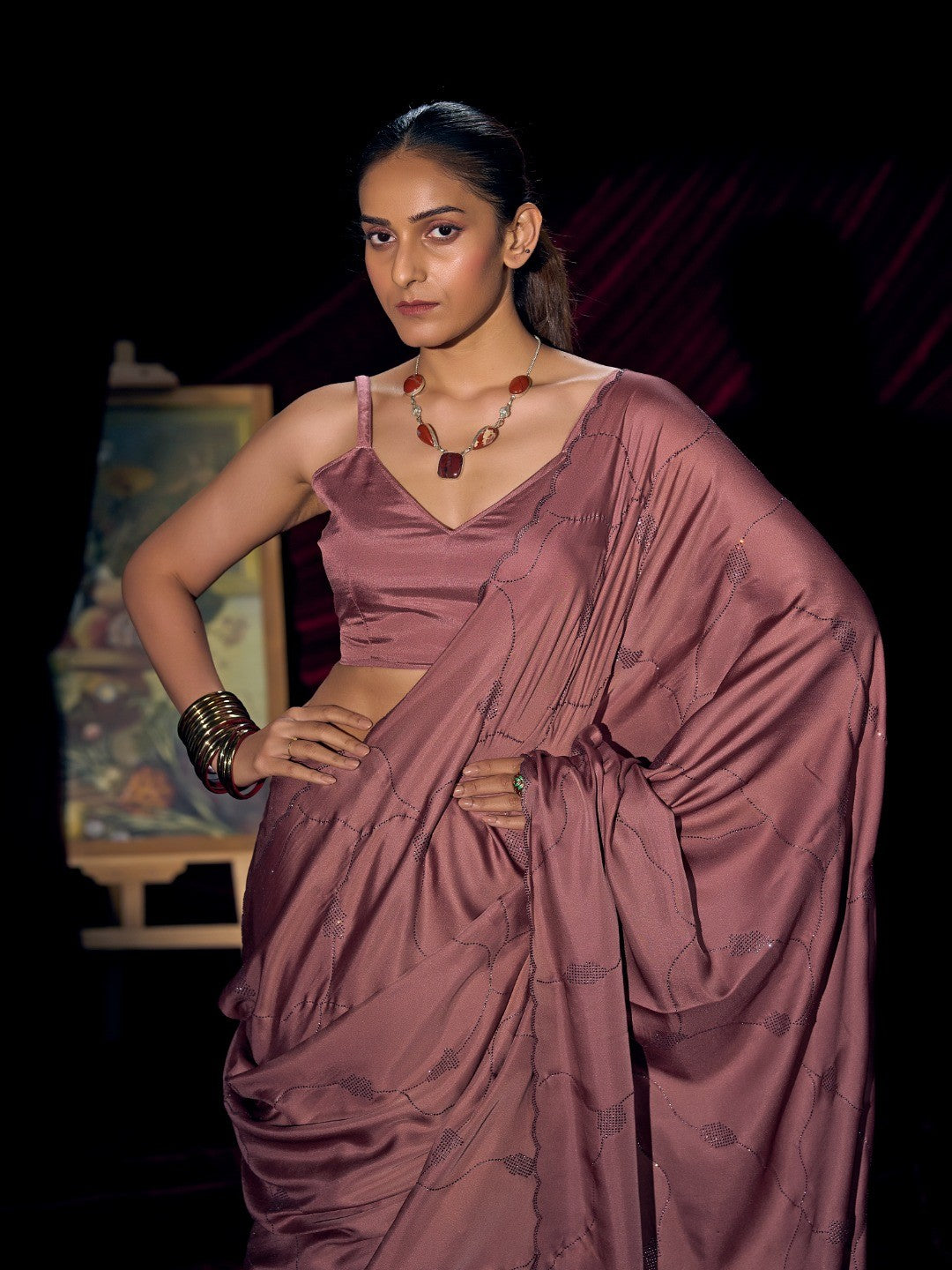 Designer Mauve Satin Saree with Subtle Detailing Modern Party Outfit