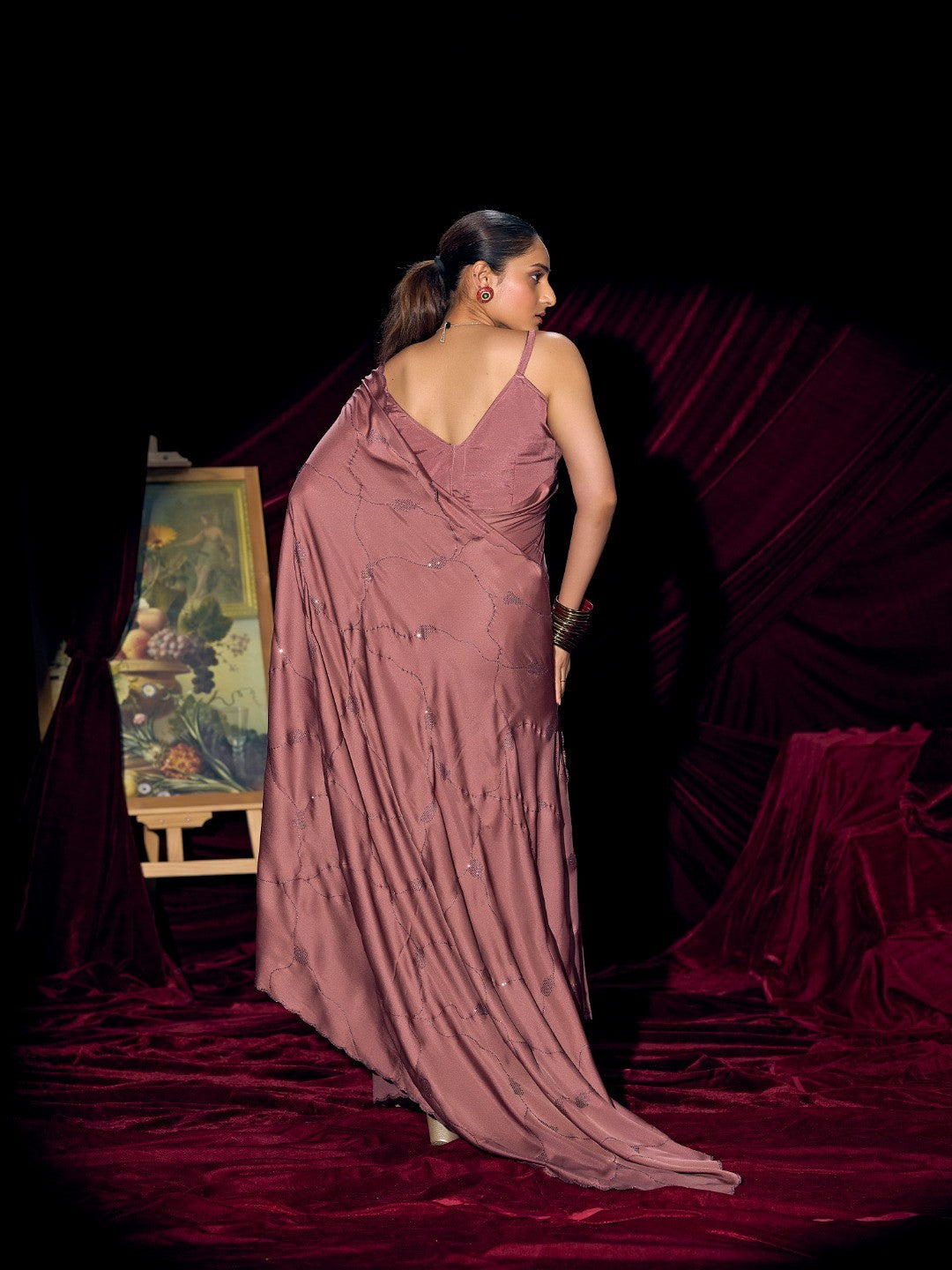 Designer Mauve Satin Saree with Subtle Detailing Modern Party Outfit