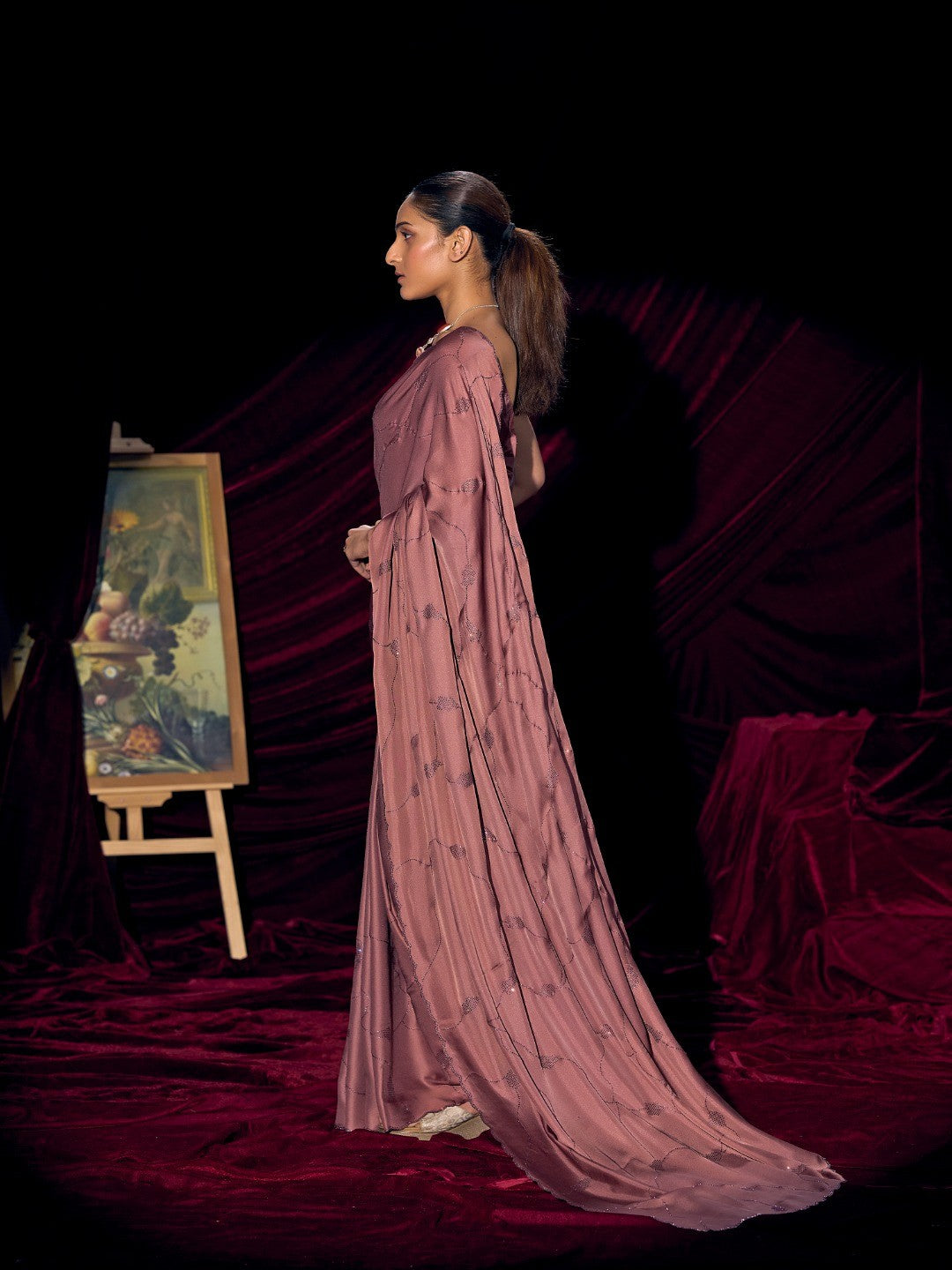 Designer Mauve Satin Saree with Subtle Detailing Modern Party Outfit