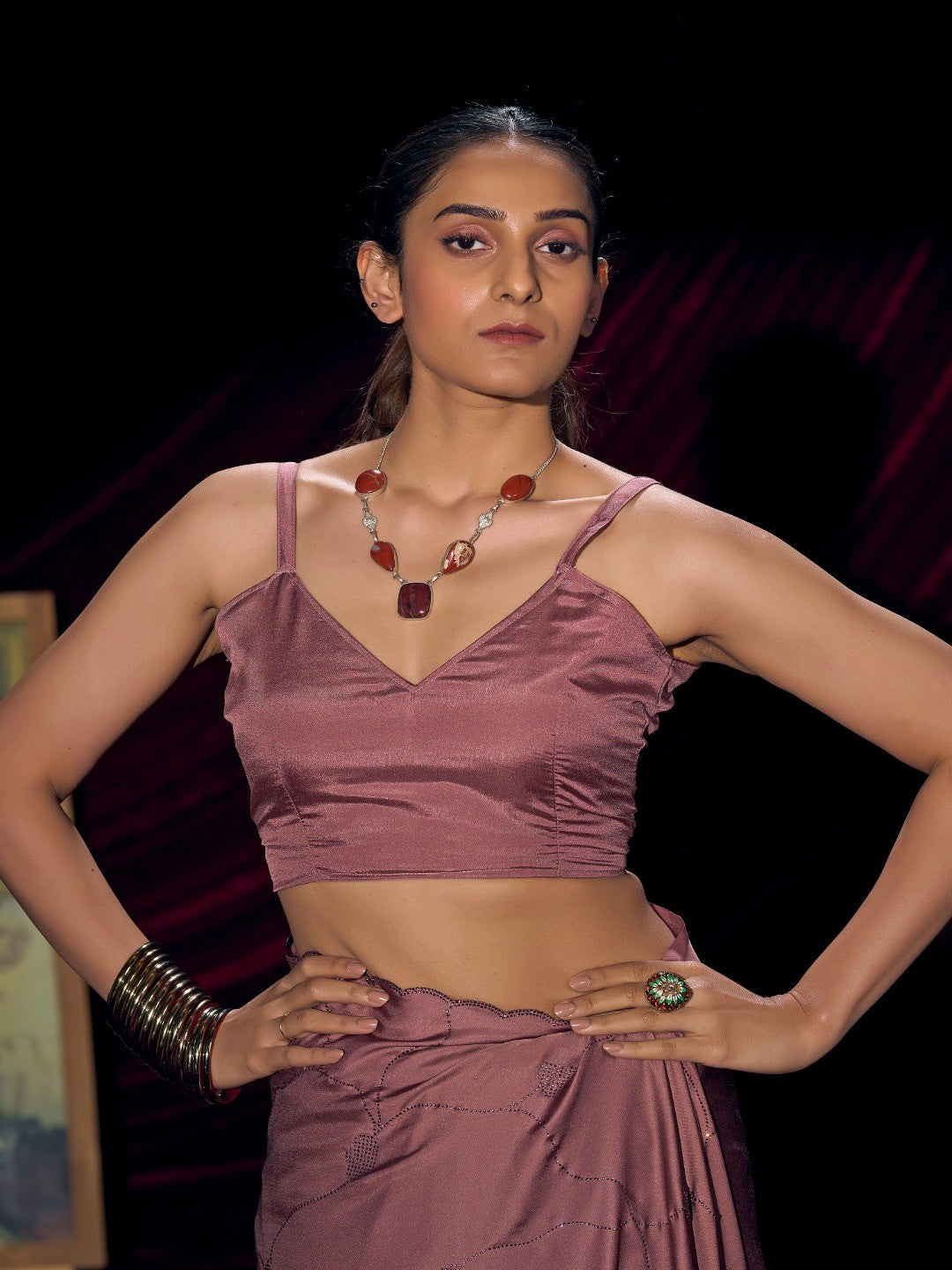 Designer Mauve Satin Saree with Subtle Detailing Modern Party Outfit