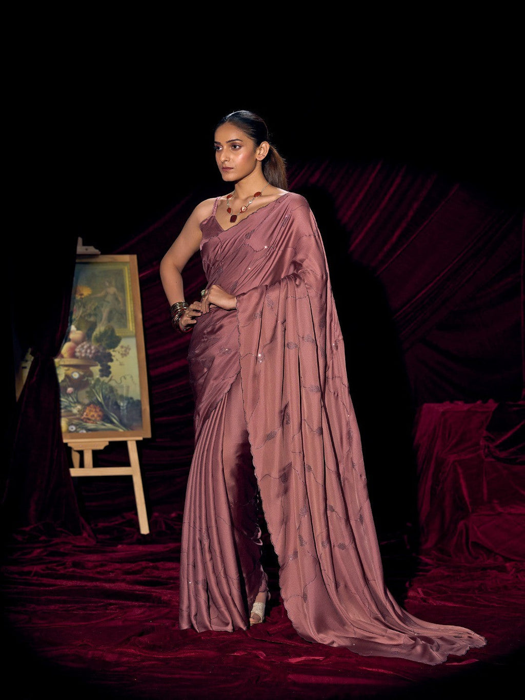 Designer Mauve Satin Saree with Subtle Detailing Modern Party Outfit