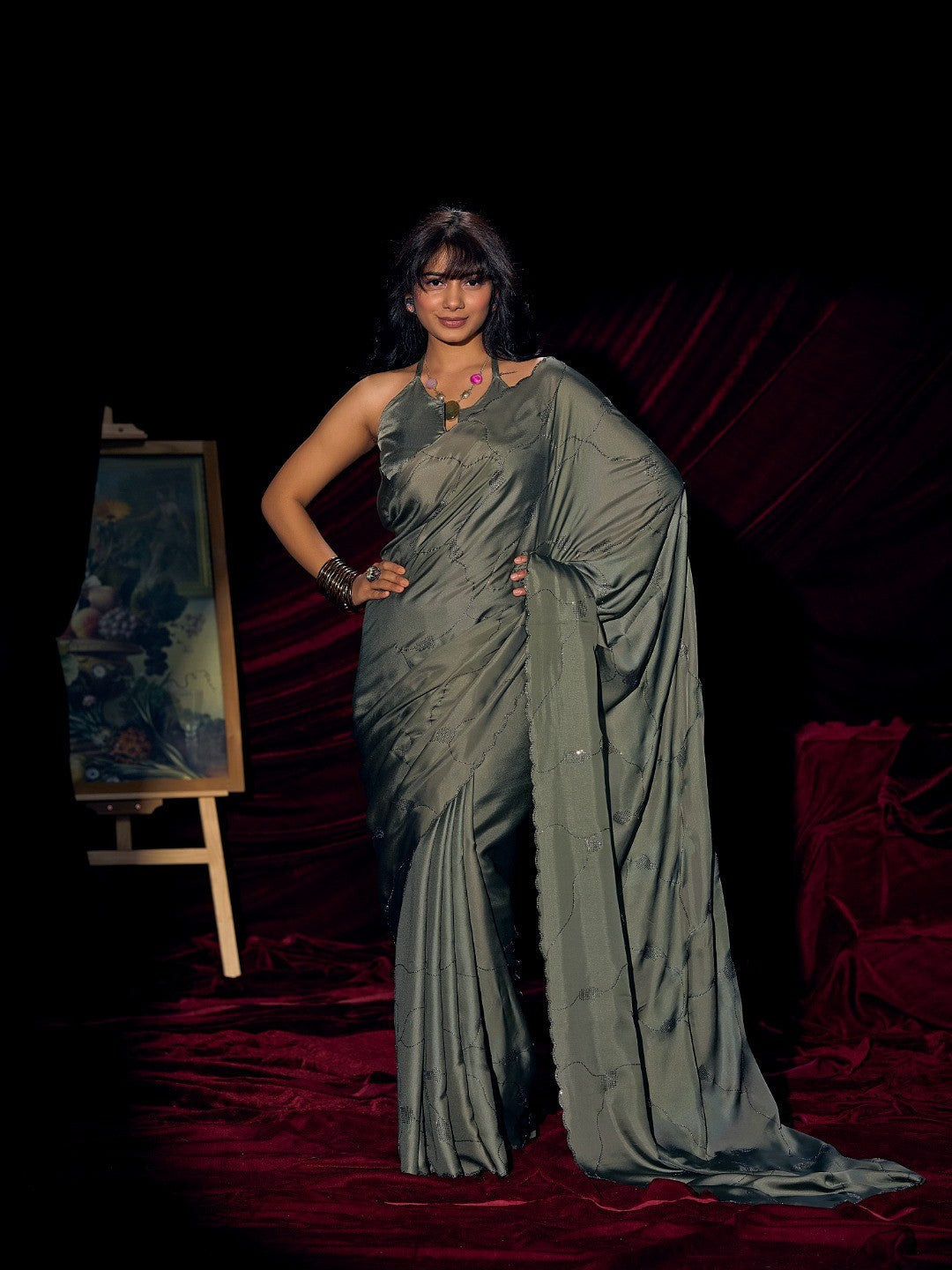 Designer Sage Green Satin Saree with Subtle Detailing Modern Party Outfit