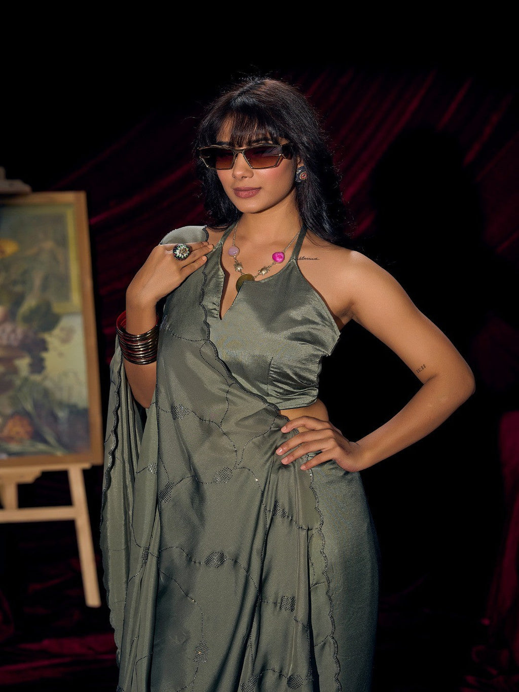 Designer Sage Green Satin Saree with Subtle Detailing Modern Party Outfit