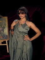 Designer Sage Green Satin Saree with Subtle Detailing Modern Party Outfit