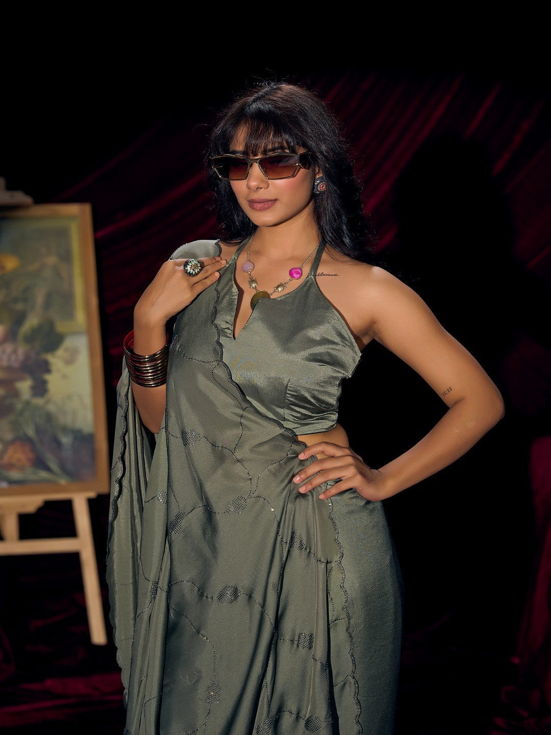 Designer Sage Green Satin Saree with Subtle Detailing Modern Party Outfit