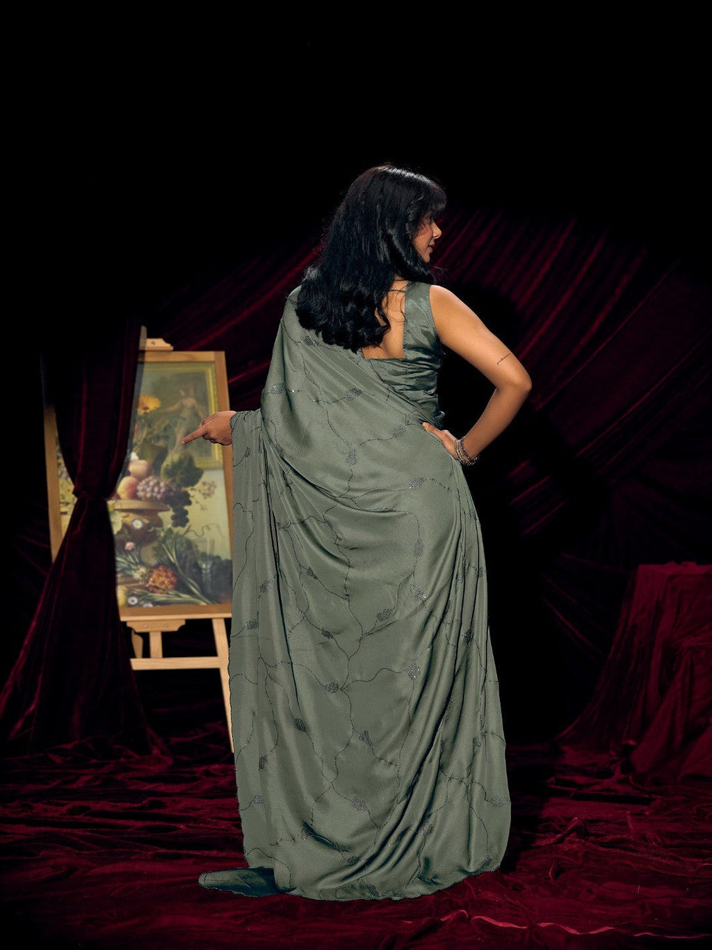 Designer Sage Green Satin Saree with Subtle Detailing Modern Party Outfit
