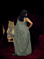 Designer Sage Green Satin Saree with Subtle Detailing Modern Party Outfit