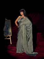 Designer Sage Green Satin Saree with Subtle Detailing Modern Party Outfit